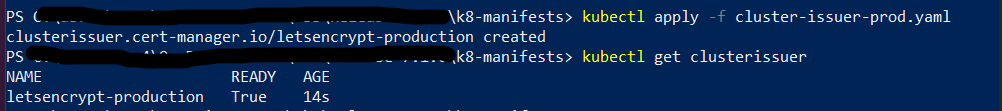 Terminal output of the kubectl get clusterissuer command showing letsencrypt-production with a READY status of True