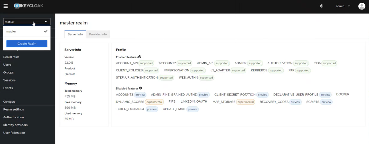 Keycloak side navigation with the realm selector open, showing the master realm and a Create realm button