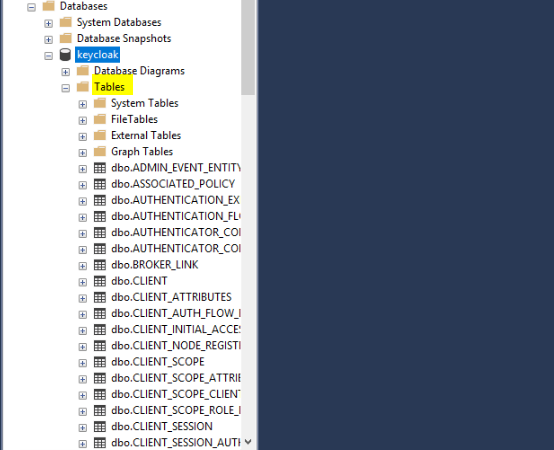 SQL Server Management Studio Tables node expanded under the keycloak database, showing Keycloak application tables such as CLIENT, CLIENT_SCOPE, and CLIENT_SESSION