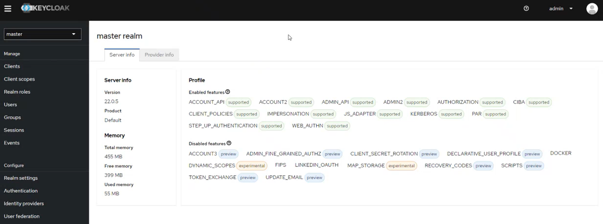 Keycloak admin console welcome page for the master realm, with the side navigation showing Clients, Client scopes, Realm roles, Users, Groups, Sessions, and Events