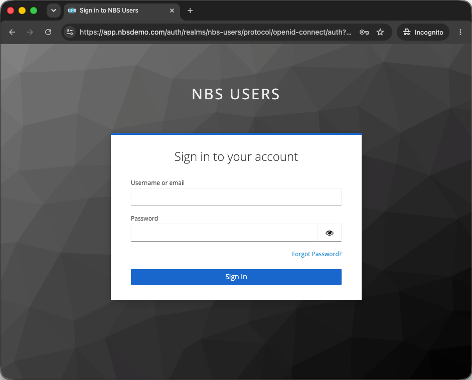 Keycloak login page for the NBS application with username and password fields and a Sign In button