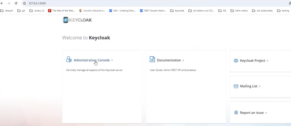 Keycloak welcome page at the /auth path with the Administration Console, Documentation, Keycloak Project, Mailing List, and Report an issue links