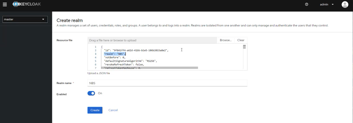 Keycloak Create realm form with 01-NBS-realm-with-DI-client.json uploaded, JSON content visible in the resource file area, and realm name field populated with NBS