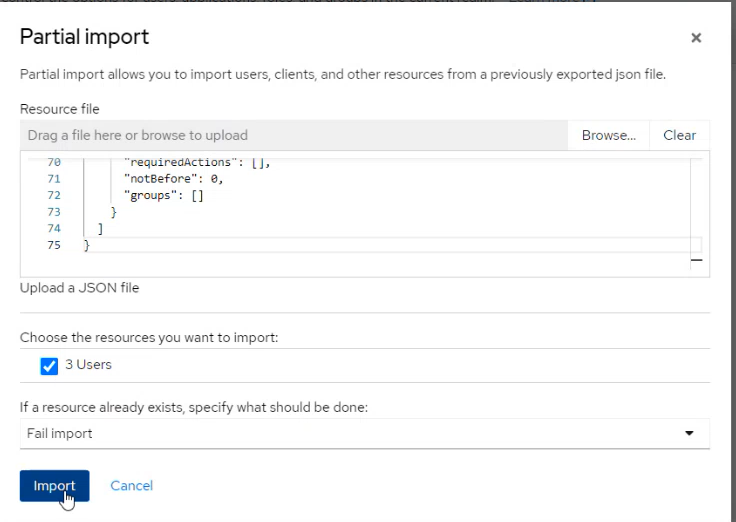 Keycloak Partial import dialog with 03-nbs-users-base-users.json uploaded and a 3 Users checkbox selected for import