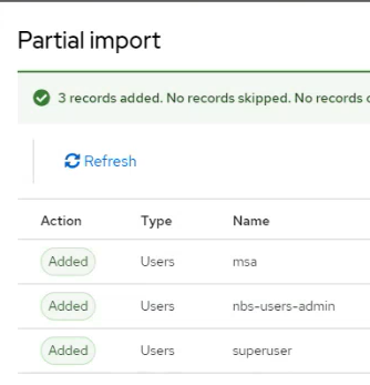 Keycloak Partial import confirmation listing three added users: msa, nbs-users-admin, and superuser