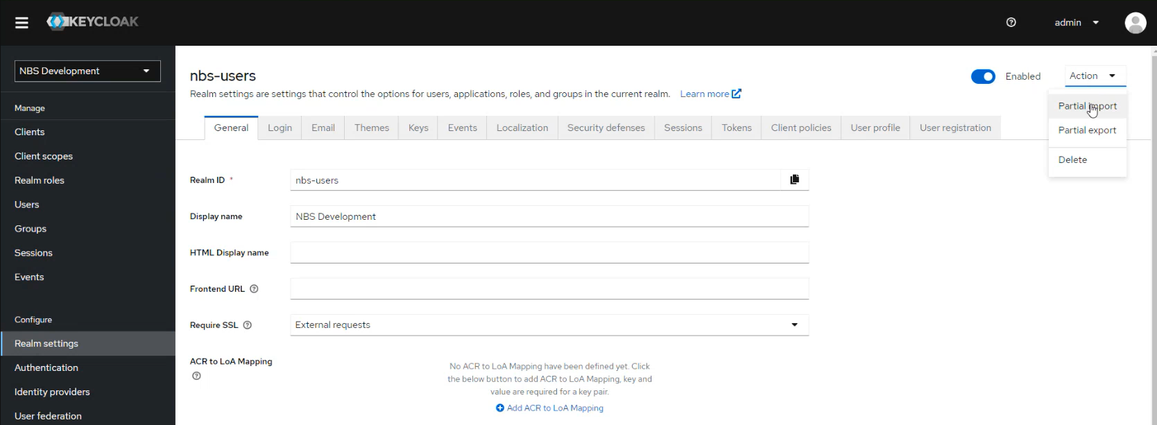Keycloak Realm settings page for the nbs-users realm, showing the General tab with realm configuration options