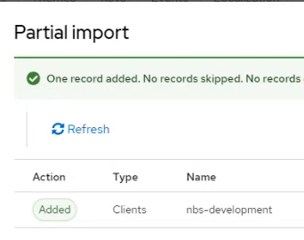 Keycloak Partial import confirmation showing one added client named nbs-development