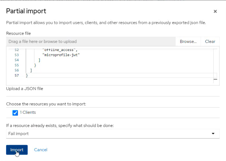 Keycloak Partial import dialog with 04-nbs-users-development-clients.json uploaded and a 1 Clients checkbox selected for import