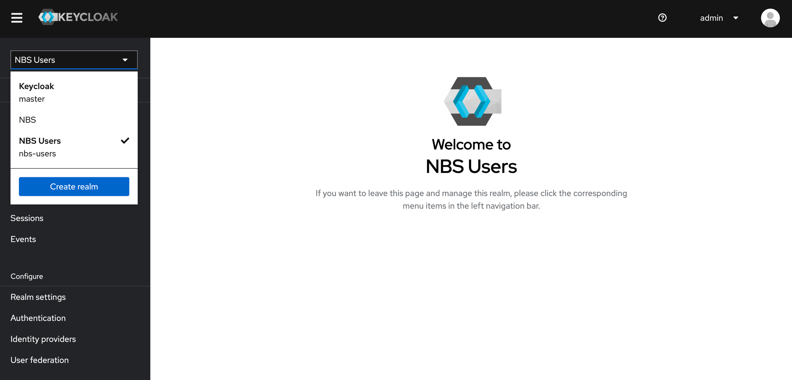 Keycloak realm selector dropdown listing the Keycloak master realm, NBS realm, and nbs-users realm