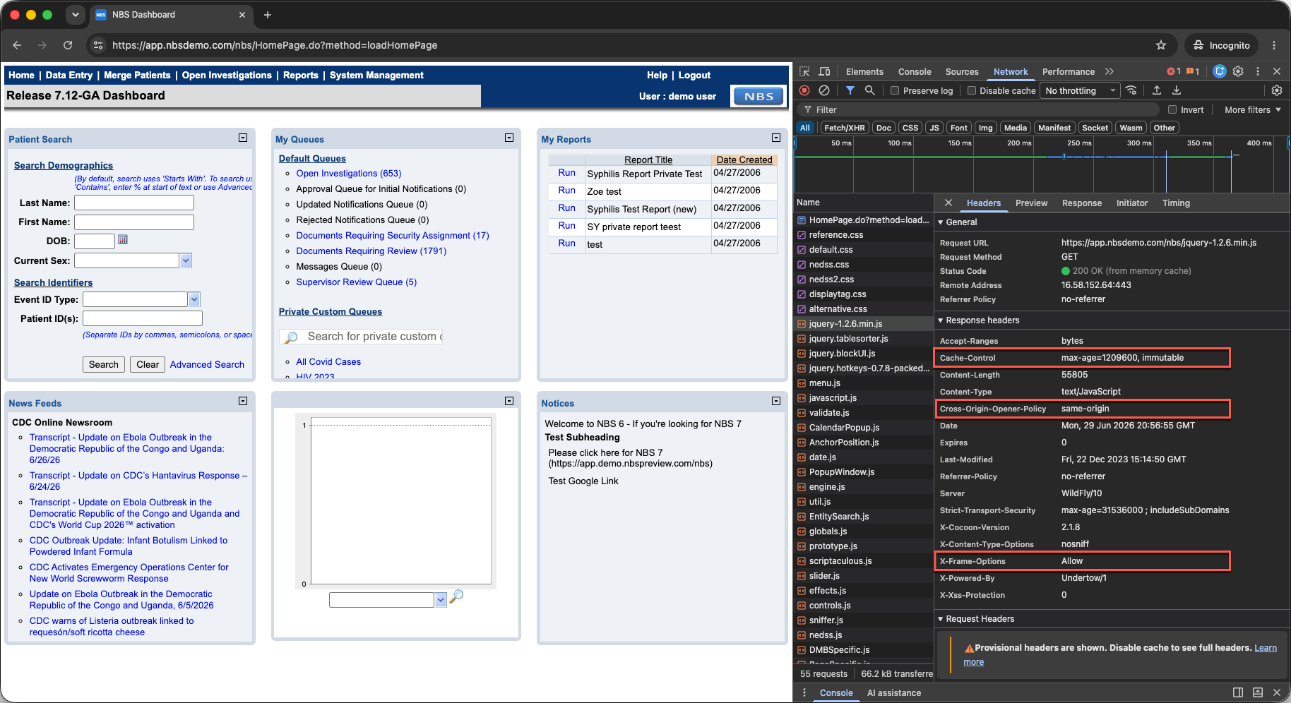 NBS 7 home page with browser console expanded to show the Network tab with verifiable values highlighted