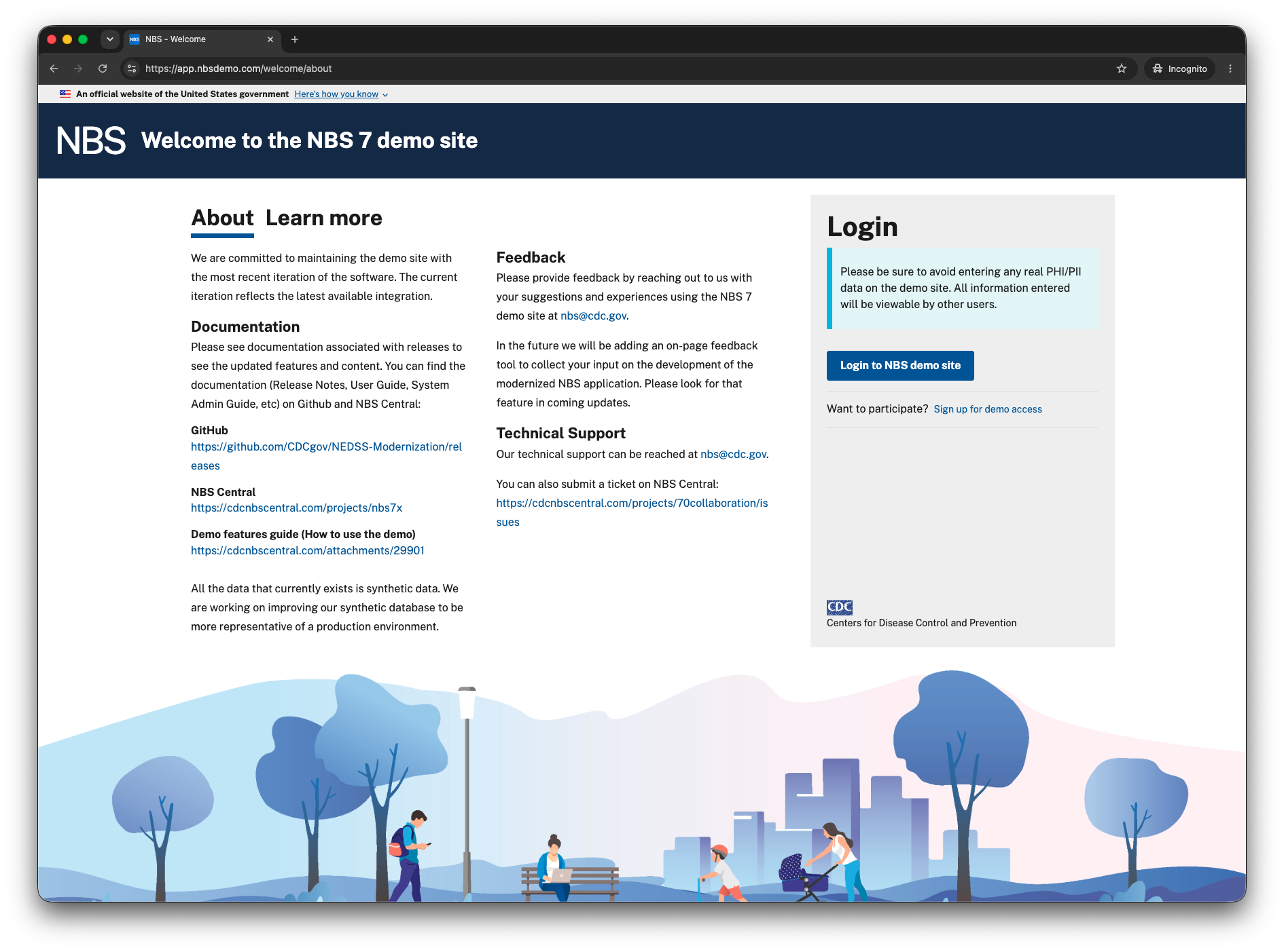 NBS 7 demo site Welcome page with a Login panel and a Login to NBS demo site button