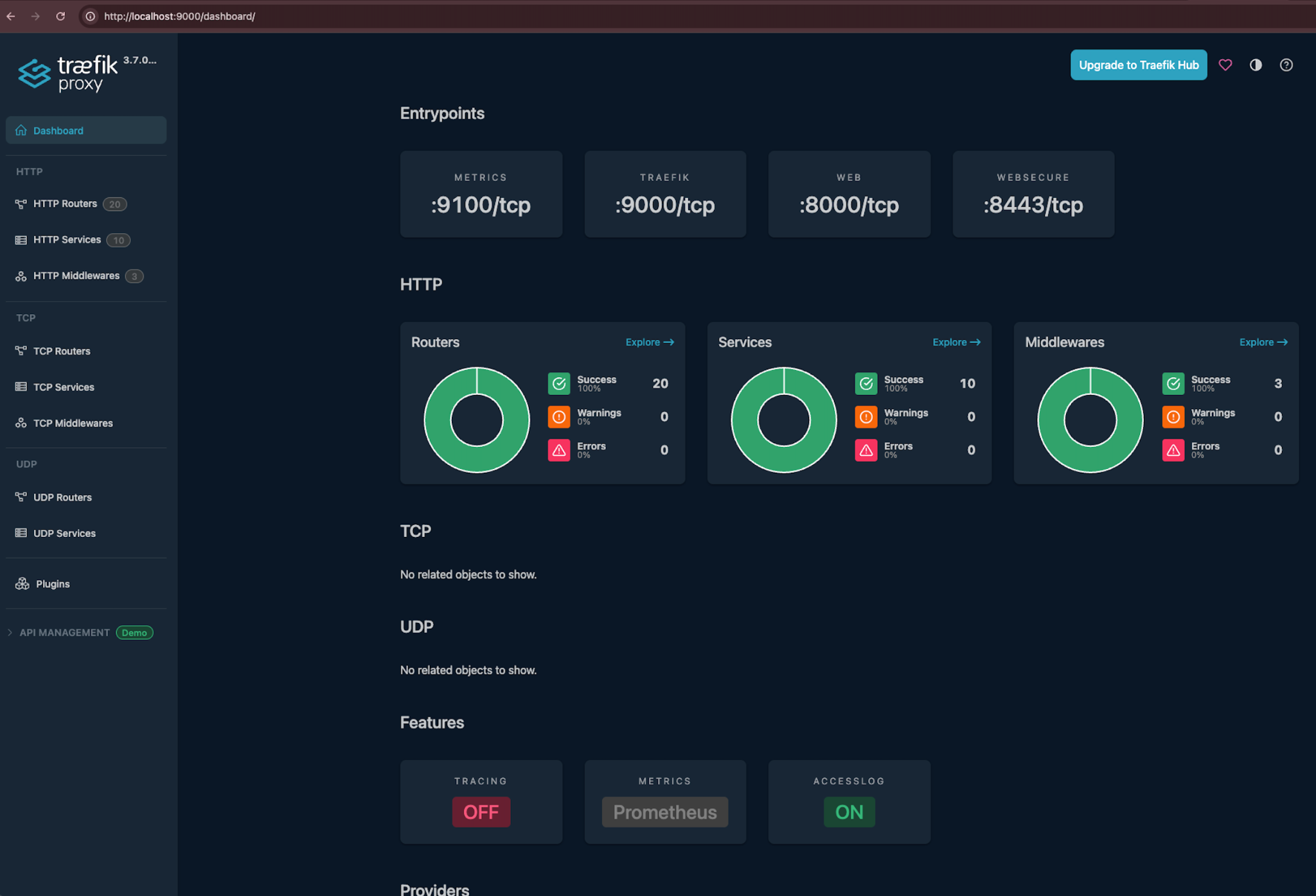 Traefik dashboard with entrypoints panels for ports 80, 443, and 9000, and status panels showing all HTTP routers, services, and middleware in a success state