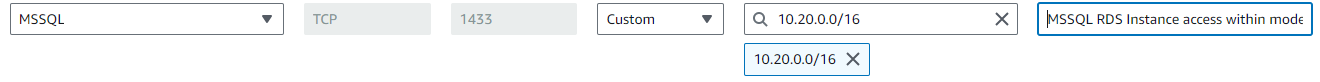 AWS security group inbound rules table with a rule of type MSSQL that allows TCP port 1433 access from the modern-cidr source block 10.20.0.0/16